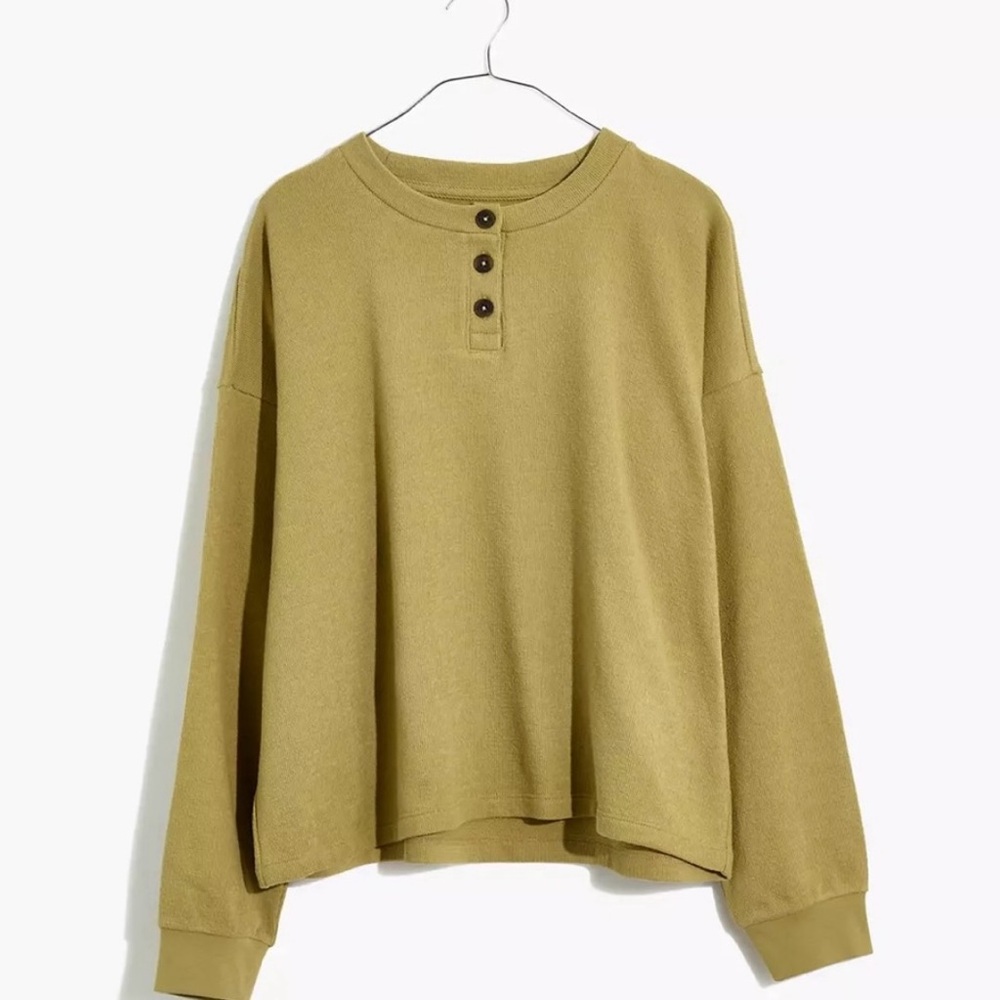 NWT Madewell Olive Green Boxy Drop Sleeve Henley Shirt 3 Button Front Size Small